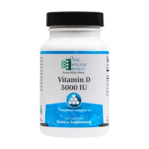 Bottle of Ortho Molecular Products Vitamin D capsules, highlighting its benefits for bone health, immune support, and cardiovascular wellness
